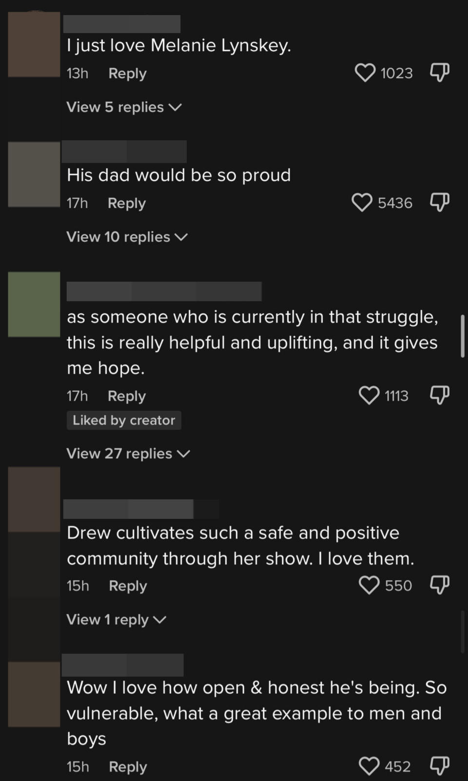Comments including "His dad would be so proud," "Drew cultivates such a safe and positive community through her show," and "I love how open and honest he's being"