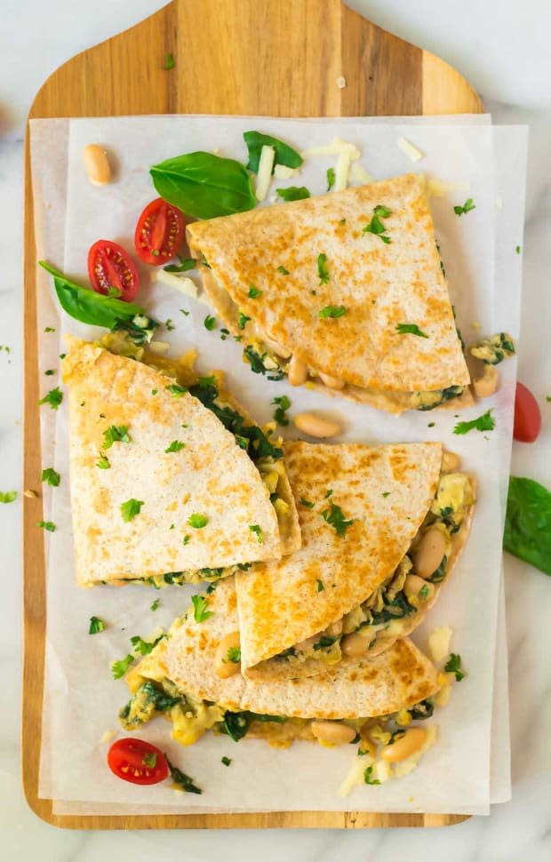<p>Breakfast quesadilla with eggs, spinach, cheese and beans. Freezer friendly and filling, these are easy to make ahead for fast, healthy meals!</p><p><strong>Get the recipe: <a href="https://www.wellplated.com/breakfast-quesadilla/" rel="nofollow noopener" target="_blank" data-ylk="slk:Freezer Breakfast Quesadilla;elm:context_link;itc:0;sec:content-canvas" class="link "><em>Freezer Breakfast Quesadilla</em></a></strong></p><p>Well Plated</p>