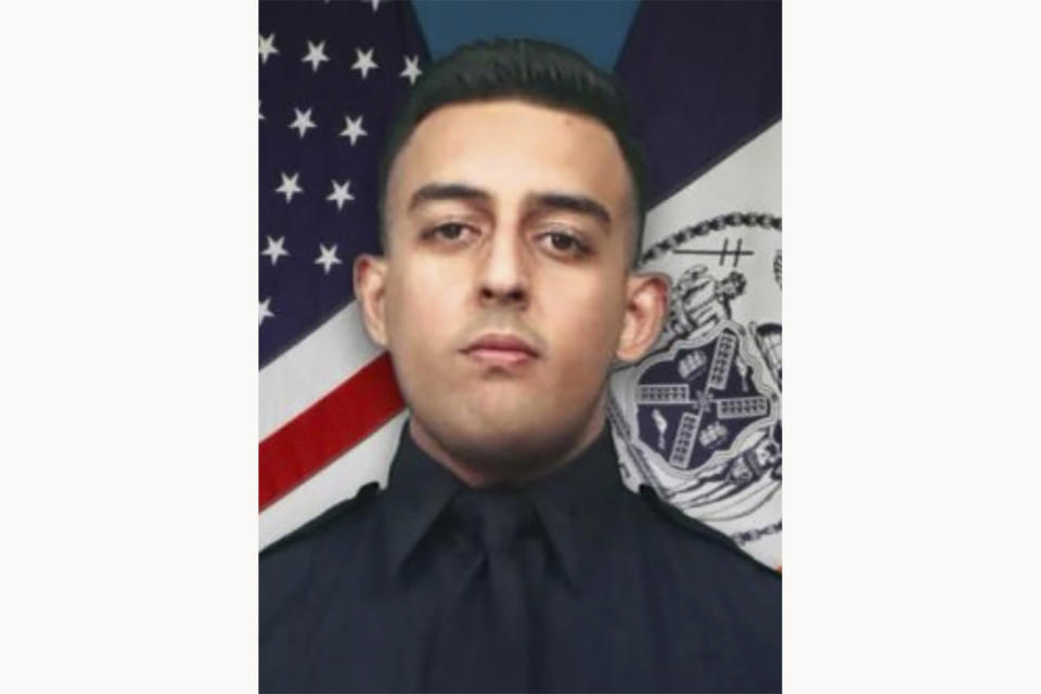 This undated photo released by the New York City Police Department shows Officer Adeed Fayaz. Fayaz, an off-duty NYPD officer who was shot in the head on Saturday, Feb. 4, 2023, during a botched robbery, died Tuesday, Feb. 7, 2023, the police commissioner said as officials also confirmed the arrest of a suspect. (New York City Police Department via AP)