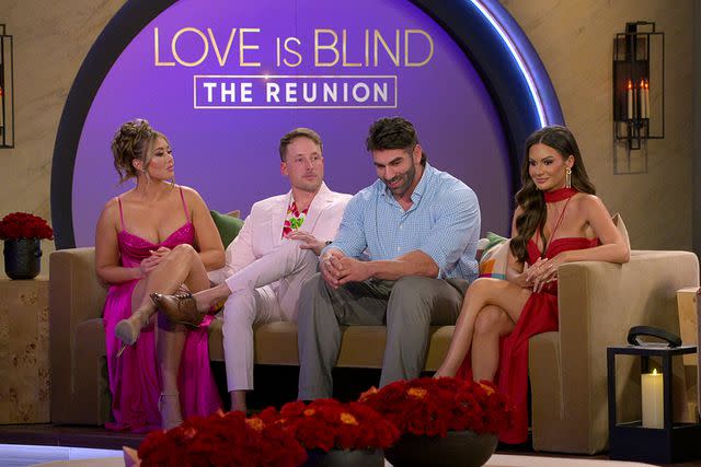 <p>Netflix</p> From left: Sarah Ann Bick, Jeramey Lutinski, Trevor Sova, and Jessica Vestal in the season 6 reunion of 'Love Is Blind'