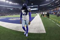 Dallas Cowboys safety Jayron Kearse (27) walks off the field after their NFL wild-card playoff football game against the San Franciso 49ers in Arlington, Texas, Sunday, Jan. 16, 2022. (AP Photo/Ron Jenkins)