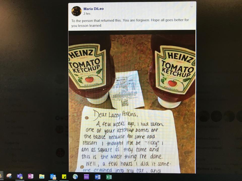 A ketchup thief offers an apology and two new bottles of Heinz.