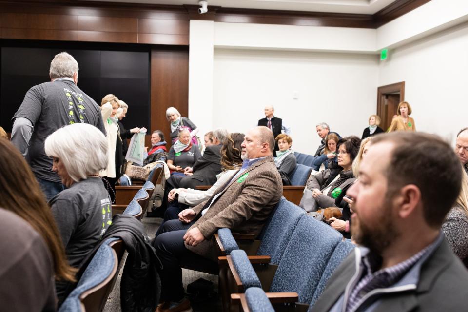 Over 100 concerned residents, locally elected officials and community leaders pack the House Agriculture & Natural Resources Committee room on Wednesday March 15, 2023 to show their support of a bill that would extend protections to the Duck River and block a proposed landfill park by Louisiana-based Trinity Group at the former Monsanto Company chemical plant, a federal superfund site.