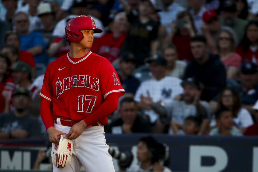 Anaheim, CA - July 18: Angeles designated hitter Shohei Ohtani during a game with the Yankees.