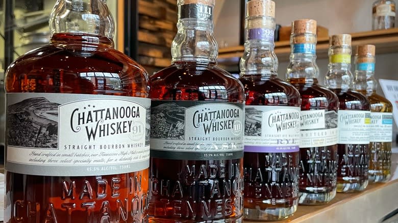 Bottles of Chattanooga whiskey in row