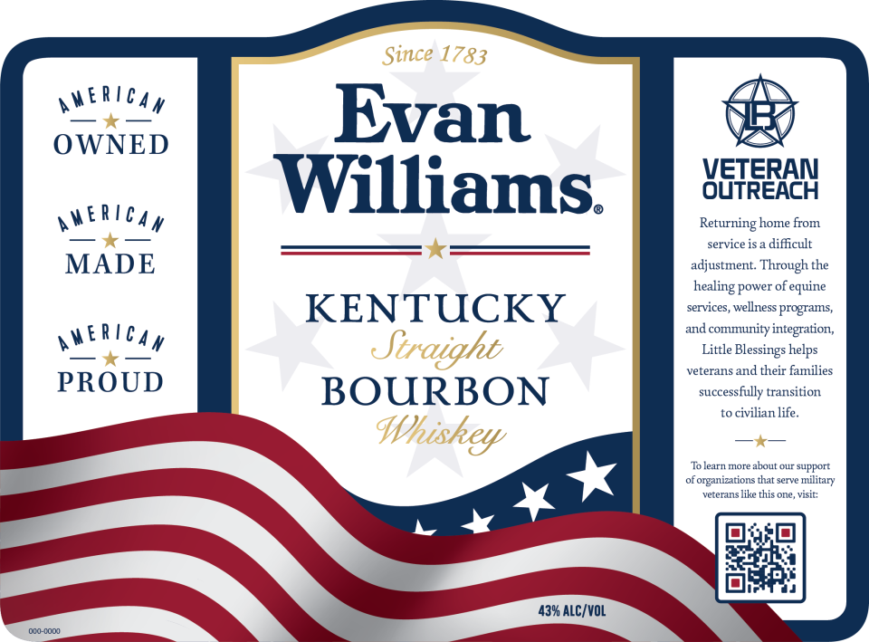 The hang tag on a bottle of Evan Williams Kentucky Straight Bourbon gives information about Jamie Paxton's Ottawa Lake organization, Little Blessings Veteran and Community Outreach.