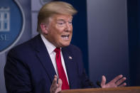 President Donald Trump speaks about the coronavirus in the James Brady Press Briefing Room of the White House, Friday, April 3, 2020, in Washington. (AP Photo/Alex Brandon)