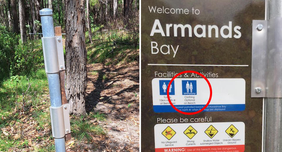 A sign in front of a beach path cut off (left) beside the original signage which lists 