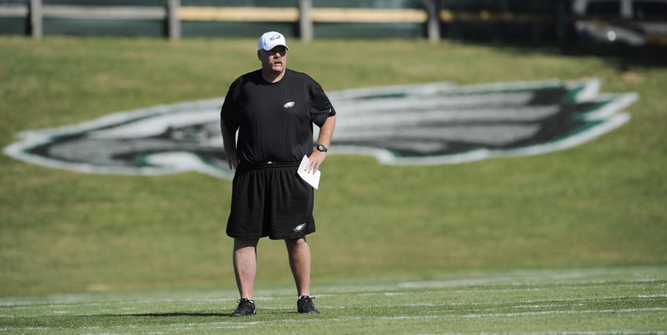 Philadelphia Eagles head coach Andy Reid watches the team's morning practice at Lehigh University Wednesday, July 25, 2012 in Bethlehem, Pa. (AP Photo/Bradley C Bower)