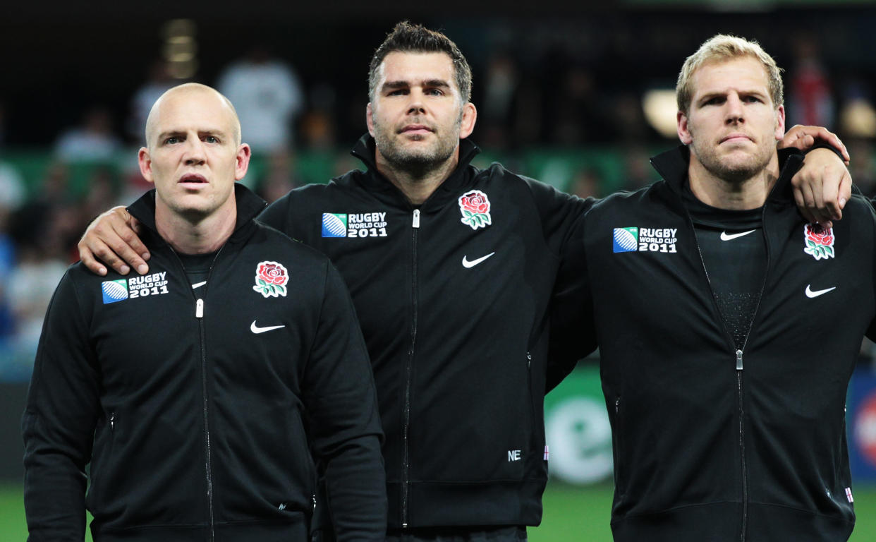 DUNEDIN, NEW ZEALAND - SEPTEMBER 10: (L-R) Mike Tindall, Nick Easter and James Haskell of England line up for the national anthem during the IRB 2011 Rugby World Cup Pool B match between Argentina and England at Otago Stadium on September 10, 2011 in Dunedin, New Zealand.  (Photo by David Rogers/Getty Images)