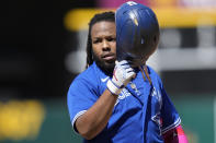 Toronto Blue Jays' Vladimir Guerrero Jr. reacts after flying out against the Oakland Athletics during the eighth inning of a baseball game in Oakland, Calif., Wednesday, Sept. 6, 2023. (AP Photo/Jeff Chiu)