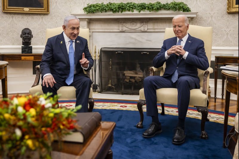 President Joe Biden mets with Israeli Prime Minister Benjamin Netanyahu for a bilateral meeting in the Oval Office at the White House on Thursday. Photo by Samuel Corum/UPI