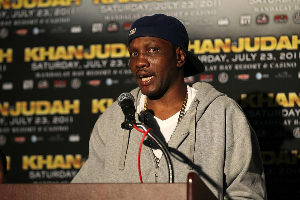 LOS ANGELES, CA – JUNE 8: Pernell Whitaker, trainer of Zab Judah, speaks at a press conference to discuss their upcoming Super Lightweight World Championship Unification Fight with Amir Khan at ESPN Zone At L.A. Live on June 8, 2011 in Los Angeles, California. (Photo by Stephen Dunn/Getty Images)