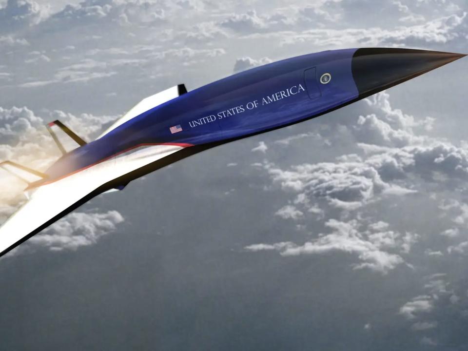 A concept image of the Hermeus presidential jet, a large vehicle with a blue body, a black nose cone, and "The United States of America" written on the side.
