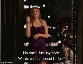 GIF of Kristen Johnson as Lexi Featherston from Sex and the City in a purple dress with text: "No one's fun anymore; whatever happened to fun?"