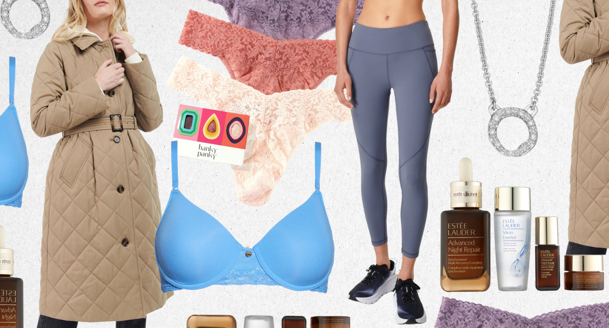 nordstrom canada boxing day sale collage with leggings, bra, underwear, coat, skincare and necklace, 