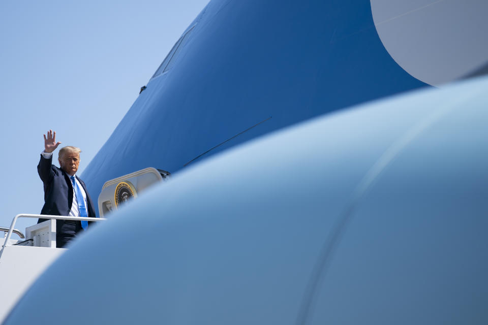 President Donald Trump boards Air Force One for a trip to North Carolina, Monday, Aug. 24, 2020, in Andrews Air Force Base, Md. (AP Photo/Evan Vucci)