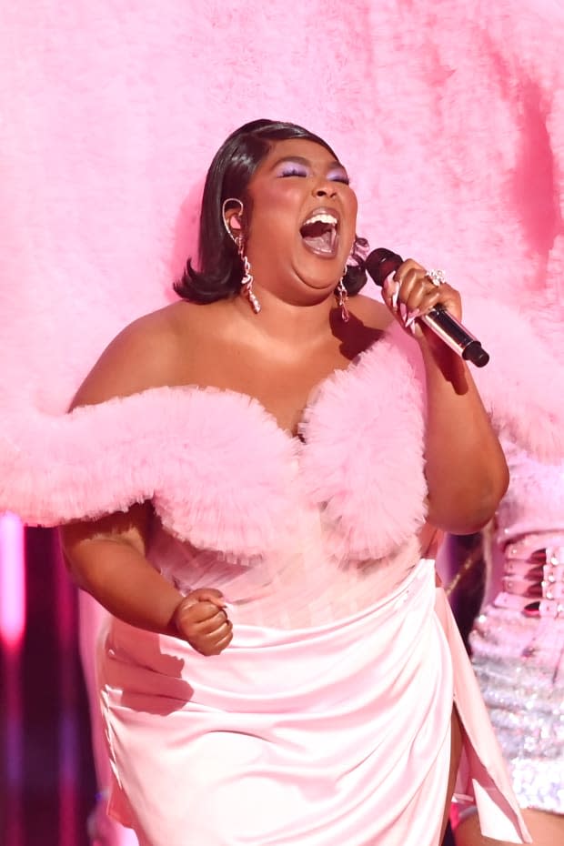 Lizzo performs onstage during The BRIT Awards 2023 at The O2 Arena on Feb. 11, 2023, in London<p><a href="https://www.gettyimages.com/detail/1465516958" rel="nofollow noopener" target="_blank" data-ylk="slk:Dave J Hogan/Getty Images;elm:context_link;itc:0;sec:content-canvas" class="link ">Dave J Hogan/Getty Images</a></p>