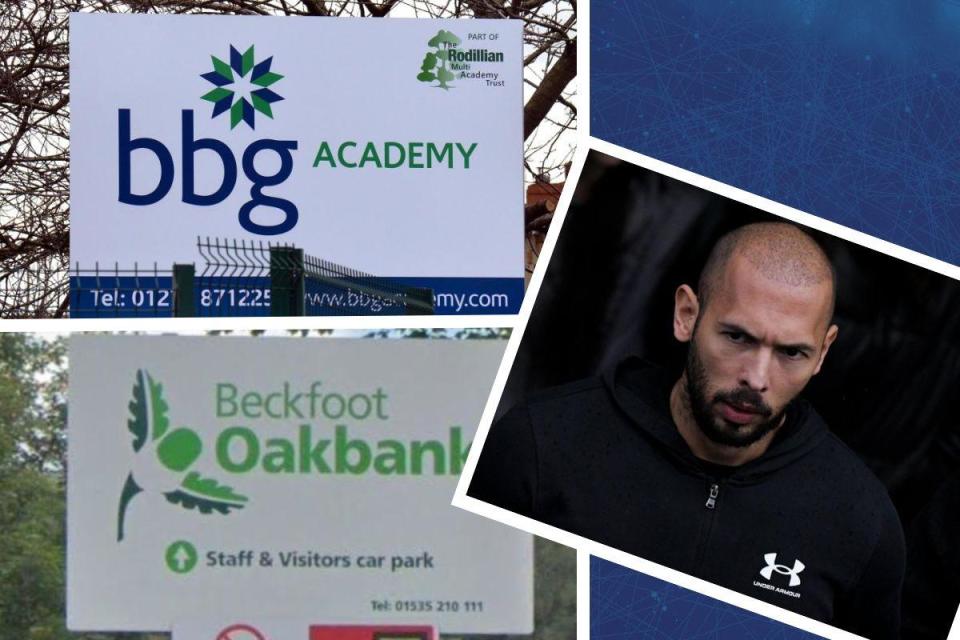 A view of BBG Academy and Beckfoot Oakbank, left, and a photo of Andrew Tate <i>(Image: Newsquest/PA/Pixabay/Google Maps)</i>