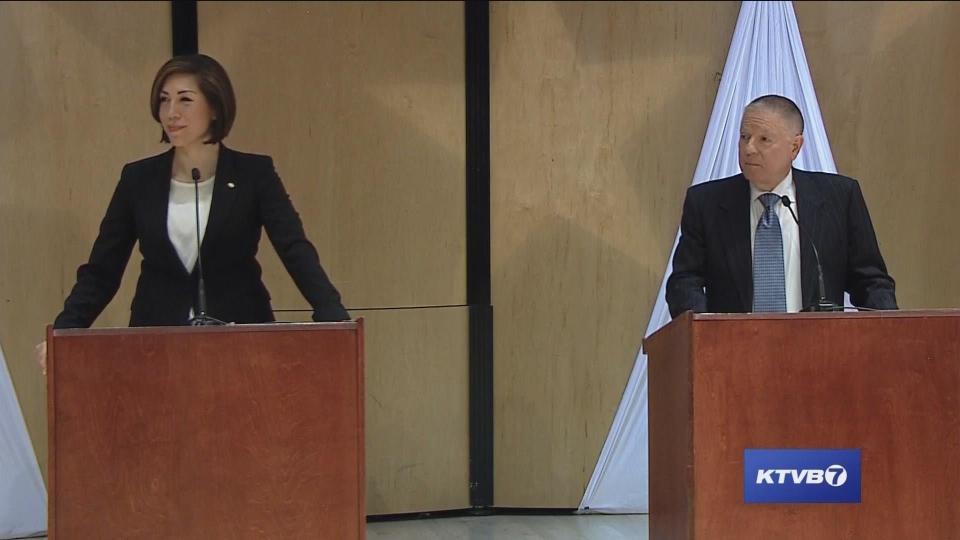 Jordan and A.J. Balukoff at their May 1 Democratic gubernatorial debate. (Photo: KTBV)