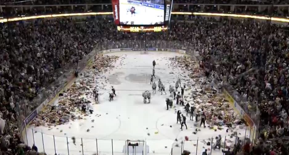 The Hershey Bears set a Teddy Bear Toss record over the weekend thanks to generous fans. (Screenshot: Hershey Bears/Great Save Productions)