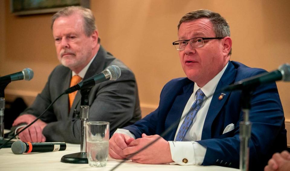 House Speaker Tim Moore speaks during a forum with Senator Phil Berger sponsored by NCInsider at Cafe Luna on Wednesday January 25, 2023 in Raleigh, N.C.