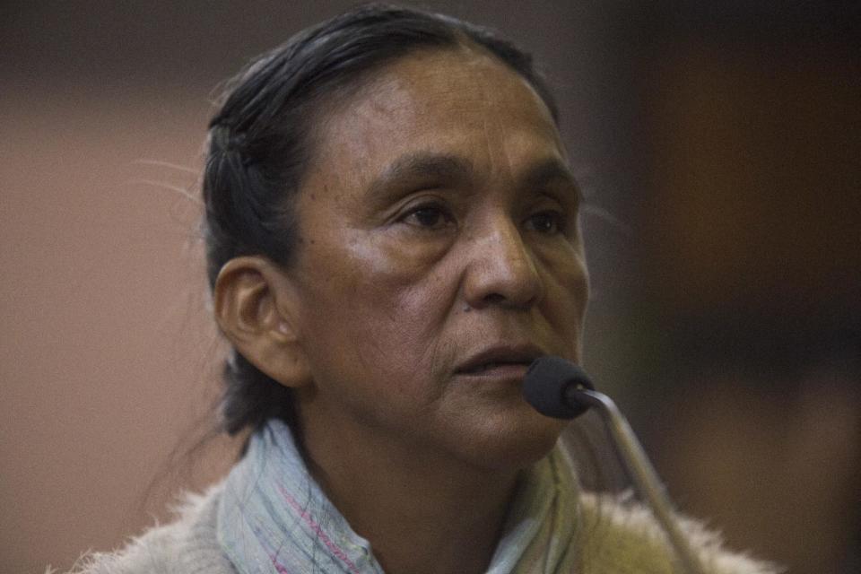 Activist Milagro Sala speaks before being given a guilty verdict at a courtroom in San Salvador de Jujuy, in the northern Argentine province of Jujuy, Wednesday, Dec. 28, 2016. Sala was found guilty for instigating a violent protest in which demonstrators threw eggs at Gerardo Morales, a politician who is now the governor of Jujuy, but will not serve time in jail. (AP Photo/Gianni Bulacio)