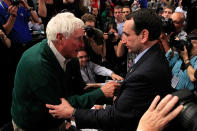 NEW YORK - NOVEMBER 15: (R) Head coach Mike Krzyzewski of the Duke Blue Devils embraces (L) Bobby Knight after winning his 903 NCAA Division 1 basketball game and becoming the winningest coach in history taking the record from Bobby Knight after defeating the Michigan State Spartans during the 2011 State Farms Champions Classic at Madison Square Garden on November 15, 2011 in New York City. (Photo by Chris Trotman/Getty Images)