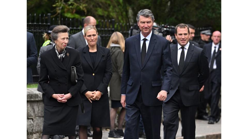 Princess Anne walking with Zara Tindall, Sir Timothy Laurence and Peter Phillips