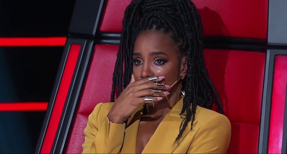 The Voice coach Kelly Rowland was  left unable to speak after The Koi Boys' performance. Photo: Channel Nine