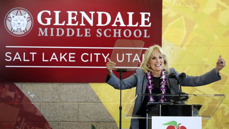 First lady Jill Biden visits Glendale Middle School in Salt Lake City on May 5, 2021. She will return to Utah today to stump for her husband’s presidential reelection campaign.