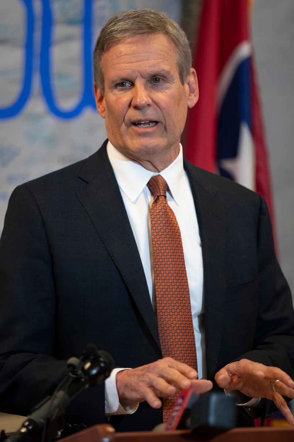 Tennessee Gov. Bill Lee responds to questions about gun legislation on April 11, 2023, in Nashville.