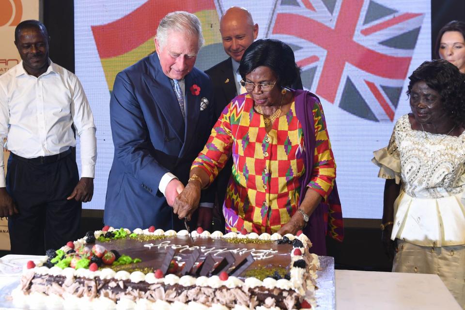 <p>On their first night in Ghana, Prince Charles and Camilla attend a reception at the British High Commissioner's residence. Later in the evening, the Prince of Wales is presented with a cake in honor of his upcoming birthday. </p>