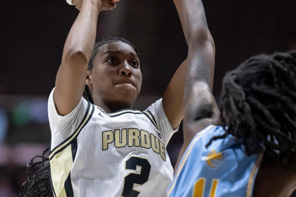 Purdue Boilermakers guard Rashunda Jones (2) eyes down a jump shot during the NCAA women’s basketball game against the Southern Jags, Sunday, Nov. 12, 2023, at Mackey Arena in West Lafayette, Ind. Purdue won 67-50.