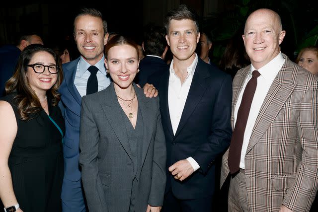 <p>Paul Morigi/Getty</p> Rachel Adler, Joe Machota, Scarlett Johansson, Colin Jost, and Bryan Lourd attend the CAA Kickoff Party for The White House Correspondents' Dinner Weekend