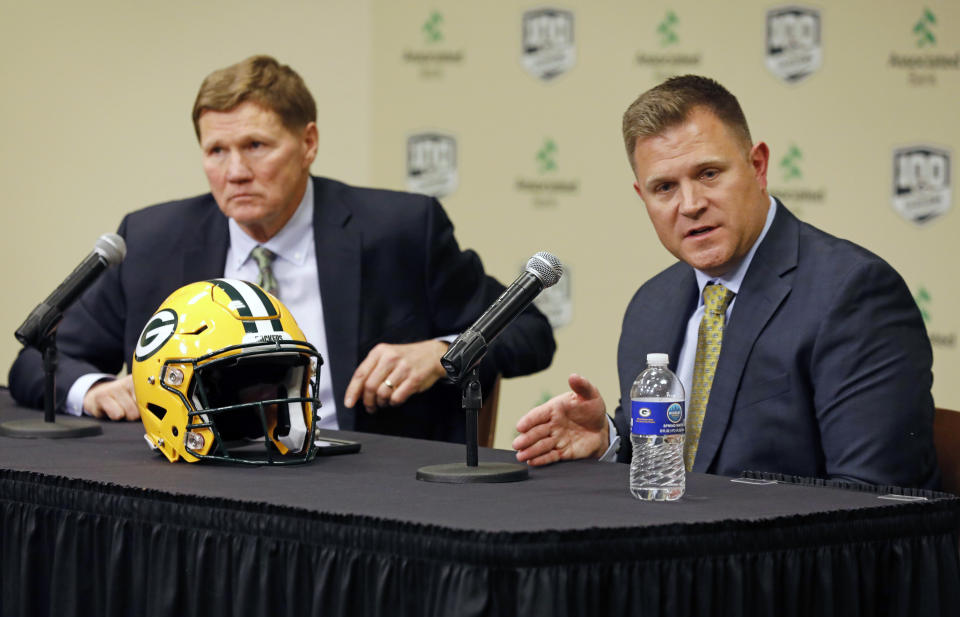 Green Bay Packers' team president Mark Murphy, left, looks on as general manager Brian Gutekunst speaks during a press conference at Lambeau field in Green Bay, Wisc., Monday, Dec. 3, 2018. The Packers fired head coach Mike McCarthy after a loss to the Arizona Cardinals on Sunday. (AP Photo/Mike Roemer)