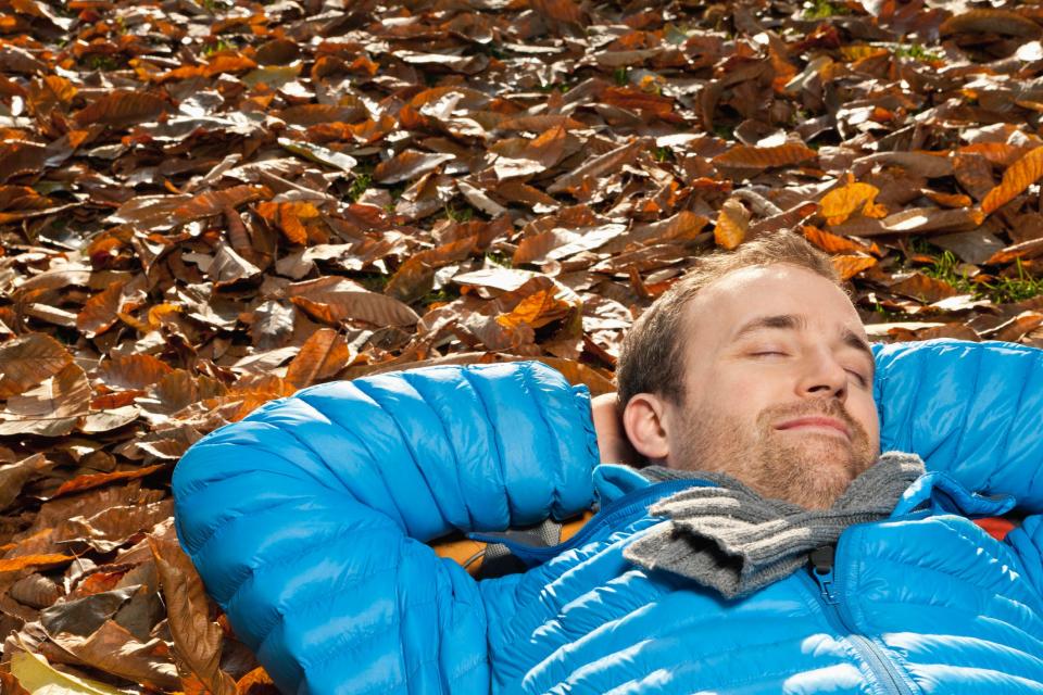 a man in a puffy blue jacket sleeping peacefully in a pile of autumn leaves. 