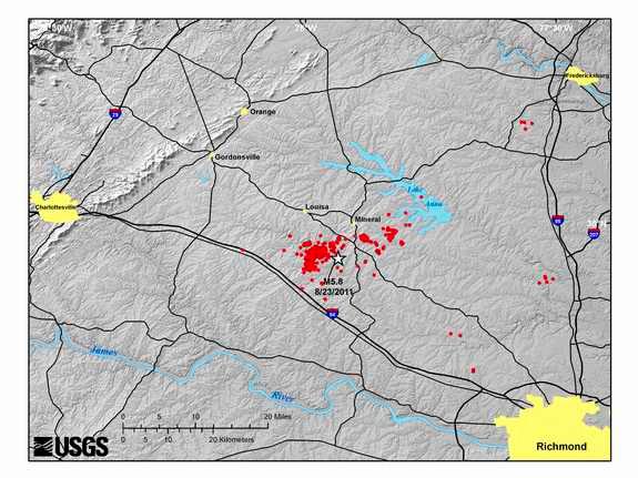 The Aug. 23, 2011 Virginia earthquake epicenter and aftershocks. Shown are the main shock (star) and aftershocks (red circles) greater than about magnitude 1.0 recorded through May 2, 2012. It is estimated that there were about 450 aftershocks