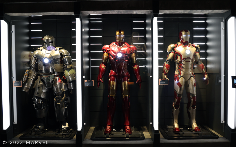 Iron Man movie costumes at the Marvel: Universe of Superheroes exhibition at Discovery Place.