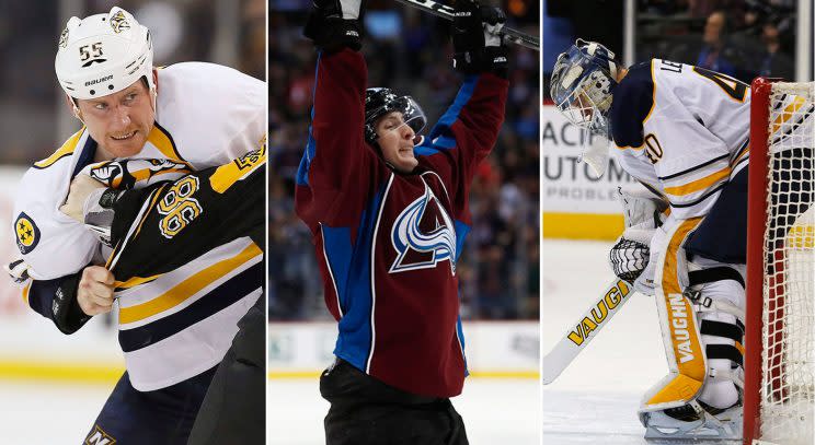 Cody McLeod (left), Matt Duchene (centre) and Robin Lehner (right) all walked away with some “hardware” this season. (AP Photos)