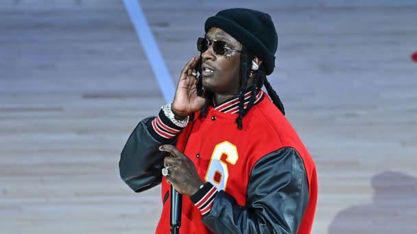 PHOTO: In this Nov. 17, 2021, file photo, rapper Young Thug performs at halftime during the Boston Celtics v Atlanta Hawks game, at State Farm Arena in Atlanta. (Paras Griffin/Getty Images, FILE)