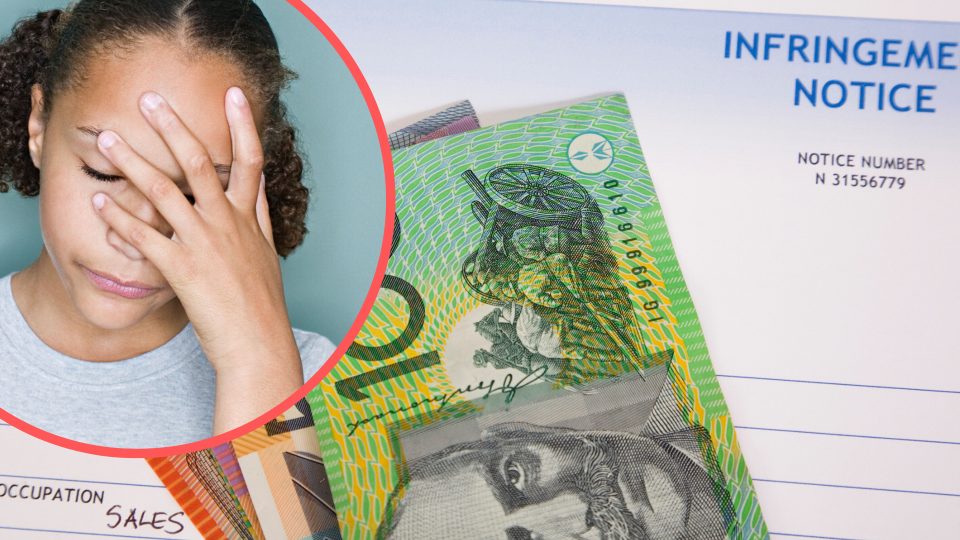 Pictured: Woman with head in hands, Australian fine notice. Images: Getty