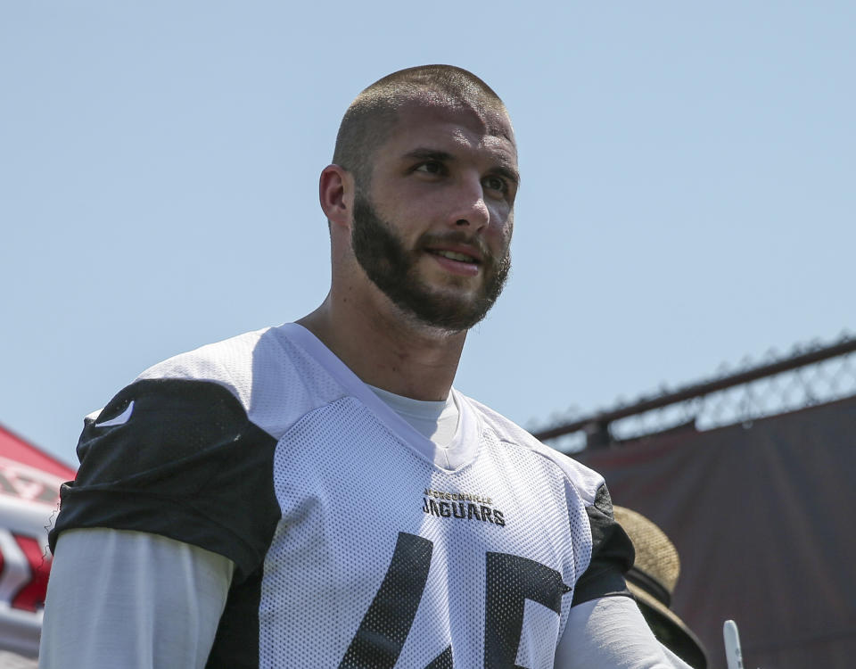 FILE - Jacksonville Jaguar defensive end Bjoern Werner walks off the field afterNFL football minicamp practice, June 14, 2016 in Jacksonville, Fla. Several German players have had success in the NFL. The Indianapolis Colts selected Werner in the first round, 24th overall, in the 2013 NFL draft. (AP Photo/Gary McCullough, file)