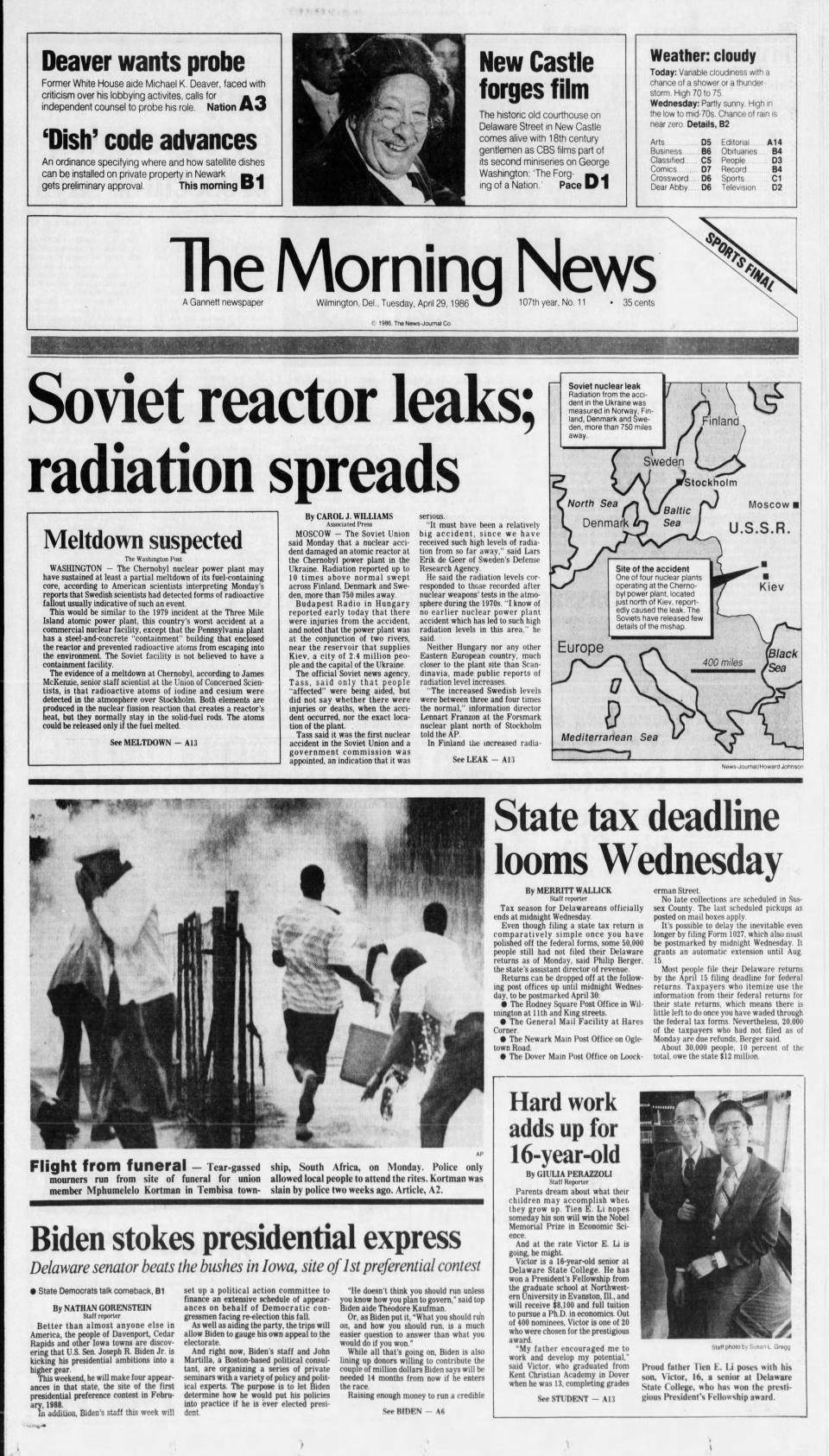 Front page of The Morning News from April 29, 1986.