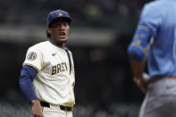 Milwaukee Brewers' Abner Uribe, left, and Tampa Bay Rays' Jose Siri exchange words during the eighth inning of a baseball game Tuesday, April 30, 2024, in Milwaukee. (AP Photo/Aaron Gash)