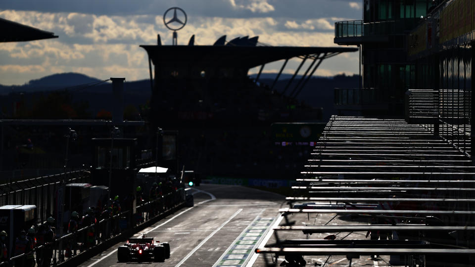 NUERBURG, GERMANY - OCTOBER 10: A general view of Sebastian Vettel of Germany driving the (5) Scuderia Ferrari SF1000 in the Pitlane during qualifying ahead of the F1 Eifel Grand Prix at Nuerburgring on October 10, 2020 in Nuerburg, Germany. (Photo by Dan Istitene - Formula 1/Formula 1 via Getty Images)