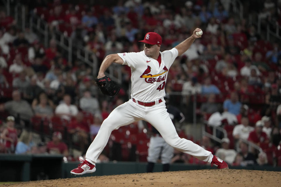 St. Louis Cardinals pitcher John King throws during the eighth inning of a baseball game against the Minnesota Twins Tuesday, Aug. 1, 2023, in St. Louis. (AP Photo/Jeff Roberson)