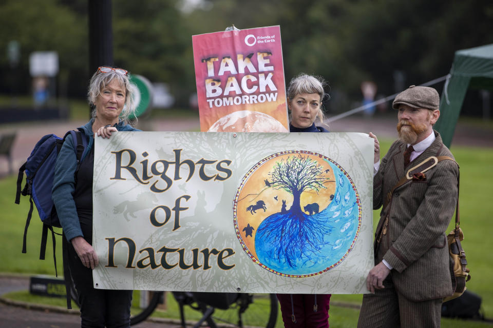 <p>Climate activists take part in a demonstration with climate activists at the steps of Parliament Buildings, Belfast, calling for a Net-Zero Climate Act to stop the climate crisis. Picture date: Monday September 13 2021.</p>
