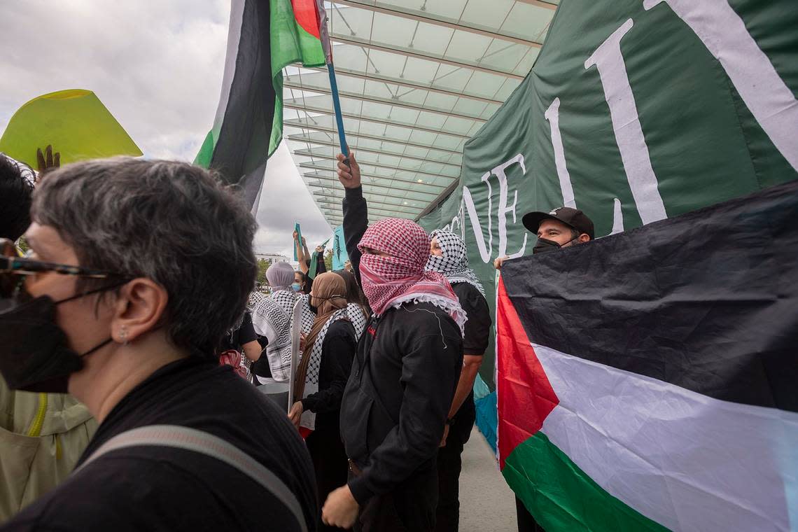 Local artists protest against the war in Gaza outside of Art Basel Miami Beach.