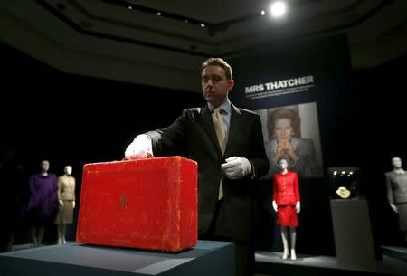 The Prime Ministerial Dispatch Box, placed on a plinth, part of the collection of former British prime minister Margaret Thatcher during an auction preview at Christie's in London, Britain, December 11, 2015. REUTERS/Peter Nicholls
